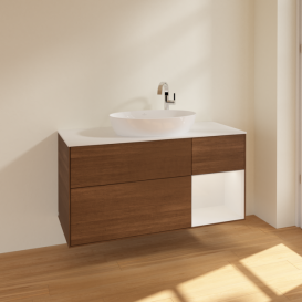 Тумба под раковину Villeroy & Boch Finion 120х50,1 см с подсветкой МДФ шпон грецкого ореха/стекло белое матовое F951GFGN