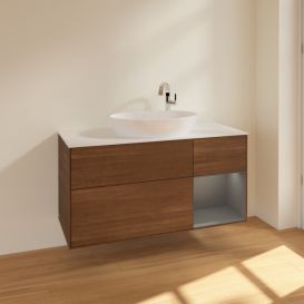 Тумба под раковину Villeroy & Boch Finion 120х50,1 см с подсветкой МДФ шпон грецкого ореха/стекло белое матовое F951GKGN