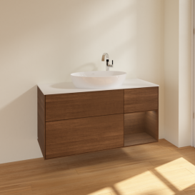 Тумба под раковину Villeroy & Boch Finion 120х50,1 см с подсветкой МДФ шпон грецкого ореха/стекло белое матовое F951GNGN