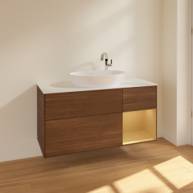 Тумба под раковину Villeroy & Boch Finion 120х50,1 см с подсветкой МДФ шпон грецкого ореха/стекло белое матовое F951HFGN