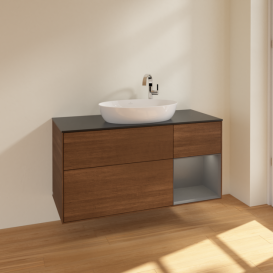 Тумба под раковину Villeroy & Boch Finion 120х50,1 см с подсветкой МДФ шпон грецкого ореха/стекло черное матовое F952GKGN