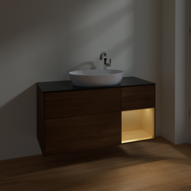 Тумба под раковину Villeroy & Boch Finion 120х50,1 см с подсветкой МДФ шпон грецкого ореха/стекло черное матовое F952HFGN