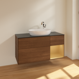 Тумба под раковину Villeroy & Boch Finion 120х50,1 см с подсветкой МДФ шпон грецкого ореха/стекло черное матовое F952HFGN