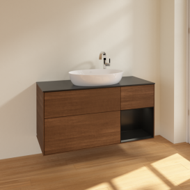 Тумба под раковину Villeroy & Boch Finion 120х50,1 см с подсветкой МДФ шпон грецкого ореха/стекло черное матовое F952PDGN