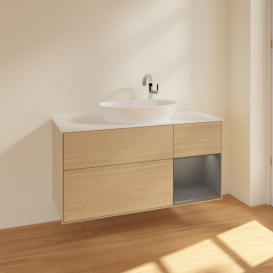 Тумба під раковину Villeroy & Boch Finion 120х50,1 см із підсвічуванням МДФ шпон дуба/скло біле матове F951GKPC