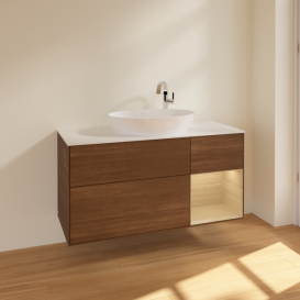 Тумба під раковину Villeroy & Boch Finion 120х50,1 см із підсвічуванням МДФ шпон волоського горіха/скло біле матове F951PCGN