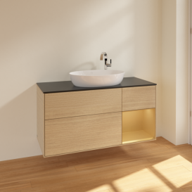 Тумба під раковину Villeroy & Boch Finion 120х50,1 см з підсвічуванням МДФ шпон дуба/скло чорне матове F952HFPC