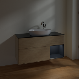 Тумба під раковину Villeroy & Boch Finion 120х50,1 см з підсвічуванням МДФ шпон дуба/скло чорне матове F952HGPC