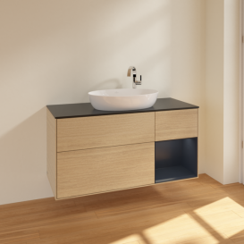 Тумба під раковину Villeroy & Boch Finion 120х50,1 см з підсвічуванням МДФ шпон дуба/скло чорне матове F952HGPC