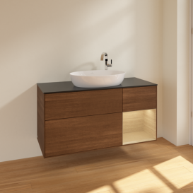 Тумба під раковину Villeroy & Boch Finion 120х50,1 см з підсвічуванням МДФ шпон волоського горіха/скло чорне матове F952PCGN