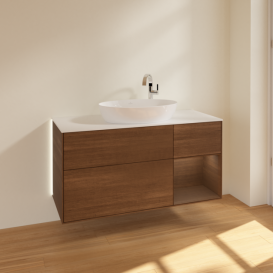 Тумба под раковину Villeroy & Boch Finion 120х50,1 см с подсветкой МДФ шпон грецкого ореха/стекло белое матовое G951GNGN