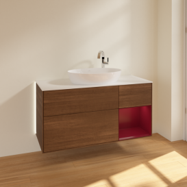 Тумба под раковину Villeroy & Boch Finion 120х50,1 см с подсветкой МДФ шпон грецкого ореха/стекло белое матовое G951HBGN