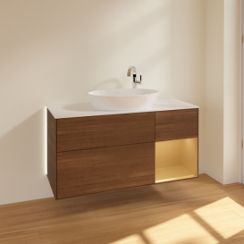 Тумба під раковину Villeroy & Boch Finion 120х50,1 см із підсвічуванням МДФ шпон волоського горіха/скло біле матове G951HFGN