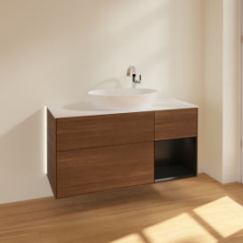 Тумба під раковину Villeroy & Boch Finion 120х50,1 см із підсвічуванням МДФ шпон волоського горіха/скло біле матове G951PDGN