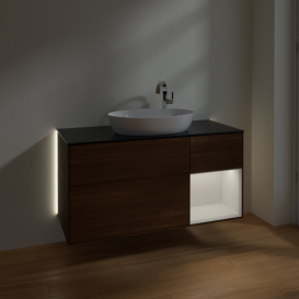 Тумба під раковину Villeroy & Boch Finion 120х50,1 см з підсвічуванням МДФ шпон волоського горіха/скло чорне матове G952GFGN