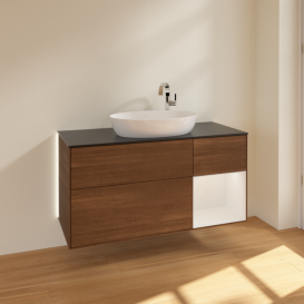 Тумба під раковину Villeroy & Boch Finion 120х50,1 см з підсвічуванням МДФ шпон волоського горіха/скло чорне матове G952GFGN