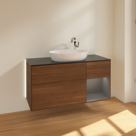 Тумба под раковину Villeroy & Boch Finion 120х50,1 см с подсветкой МДФ шпон грецкого ореха/стекло черное матовое G952GKGN