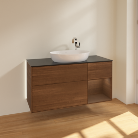 Тумба під раковину Villeroy & Boch Finion 120х50,1 см з підсвічуванням МДФ шпон волоського горіха/скло чорне матове G952GNGN