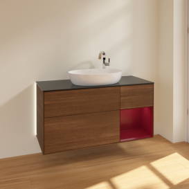 Тумба під раковину Villeroy & Boch Finion 120х50,1 см з підсвічуванням МДФ шпон волоського горіха/скло чорне матове G952HBGN