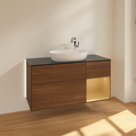 Тумба под раковину Villeroy & Boch Finion 120х50,1 см с подсветкой МДФ шпон грецкого ореха/стекло черное матовое G952HFGN