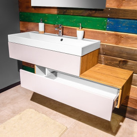 Тумба подвесная Fancy Marble Tristan 140x44 ,5 см с раковиной Signe 1000C МДФ белый глянцевый/дерево ШН-Mersey