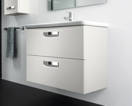 Тумба подвесная с двумя ящиками МДФ 100х44 белый глянец с раковиной для ванной Roca Gap керамика белый с сифоном A855999806