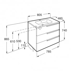 Тумба підвісна з трьома ящиками МДФ 80х46 білий глянець з раковиною для ванної Roca Victoria-N кераміка білий A855837806
