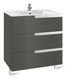 Тумба подвесная с тремя ящиками МДФ 80х46 серый антрацит с раковиной для ванной Roca Victoria-N керамика белый A855837153