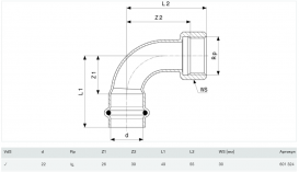 Косинець перехідний 90° Viega Prestabo 1114.5 22хRp3/4 нелегована сталь 601324