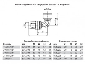 Куточок з'єднувальний TECE TECElogo-Push з внутрішнім різьбленням 32хRp 1'' латунь/PPSU 8610206
