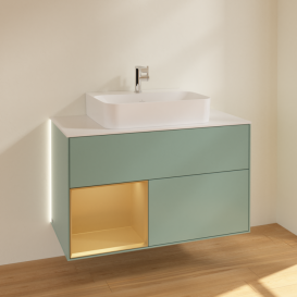 Тумба під раковину Villeroy & Boch Finion 100х50,1 см з підсвічуванням МДФ оливковий матовий лак/золото матовий лак/скло біле матове G111HFGM