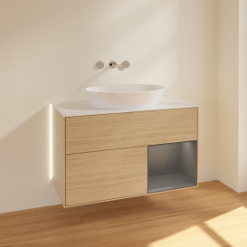 Тумба под раковину Villeroy & Boch Finion 100х50,1 см с подсветкой МДФ шпон дуба/стекло белое матовое GA21GKPC