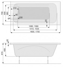 Ванна аеро- та гідромасажна акрилова прямокутна PoolSpa Klio 160х70 система Smart 2+ білий PHP6610ST2C1960