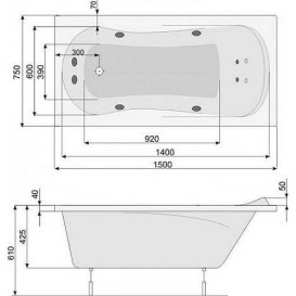 Ванна аеро- та гідромасажна акрилова прямокутна PoolSpa Muza 150х75 система Smart 2+ білий PHPH210ST2C1960
