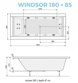 Ванна аеро- та гідромасажна акрилова прямокутна PoolSpa Windsor 180х85 система Economy 2 білий PHPNT10SO2C0000