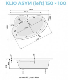 Ванна аеро- та гідромасажна акрилова PoolSpa Klio Asym 150х100 L левая система Titanium білий PHAC210STTC0000