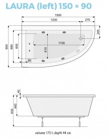 Ванна аэро- и гидромассажная акриловая PoolSpa Laura 150х90 L левая система Economy 2 белый PHANW10SO2C0000