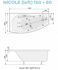 Ванна аэро- и гидромассажная акриловая PoolSpa Nicole 150х80  L левая система Economy 2 белый PHAOC10SO2C0000