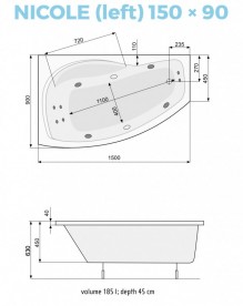 Ванна аэро- и гидромассажная акриловая PoolSpa Nicole 150х90 L левая система Smart 2 + белый PHANM10ST2C1960