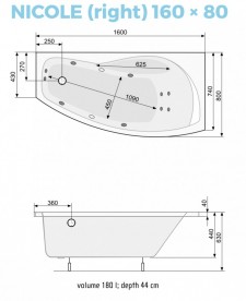 Ванна аэро- и гидромассажная акриловая PoolSpa Nicole 160х80 R правая система Smart 2 белый PHAOF10ST2C0000