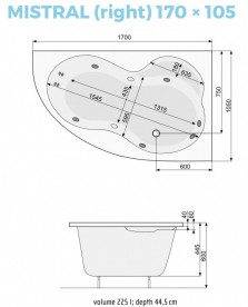 Ванна аеро- та гідромасажна акрилова PoolSpa Mistral 170х105 R права система Titanium білий PHA4T10STTC0000