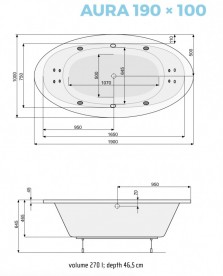 Ванна аеро- та гідромасажна акрилова PoolSpa Aura 190х100 система Titanium білий PHR7810STTC0000