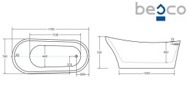 Ванна акриловая Besco Calima 170х74 см с сифоном клик-клак белый глянцевый белый #WAS-170-CBI