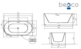 Ванна акриловая Besco Denaya 170х78 см правосторонняя с сифоном клик-клак хром глянцевый белый #WAS-170-DPC
