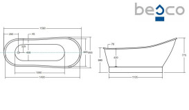 Ванна зі штучного каменю Besco Gloria 160х68 см із сифоном клік-клак хром Mineral DuraBe білий #WMD-160-GL