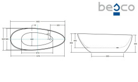 Ванна акриловая Besco Goya 142х62 см с сифоном клик-клак хром черный глянцевый/глянцевый белый #WMD-140-GBW