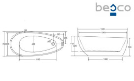 Ванна акриловая Besco Goya A-Line 160х73 см с сифоном клик-клак хром глянцевый белый #WAS-160-G