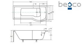 Ванна акриловая Besco Inspiro 170х70 см правосторонняя глянцевый белый #WAI-170-NPR