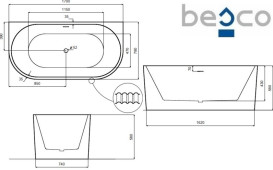 Ванна акриловая Besco Leya 170х78 см с сифоном клик-клак хром глянцевый белый #WAS-170-L