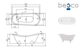 Ванна акрилова Besco Otylia 160х77 см глянсовий білий/ніжки золото #WKO-160W+ZL